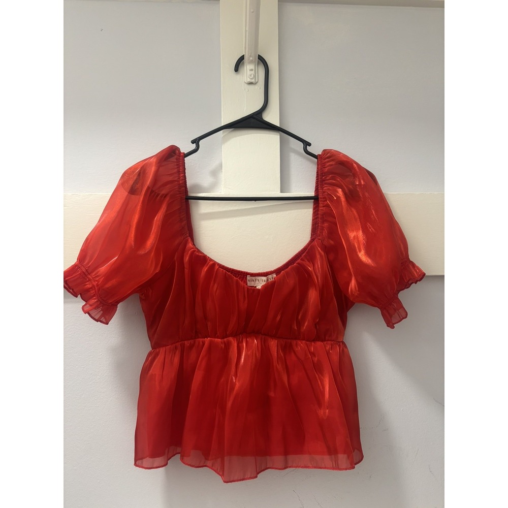 Thirty/Thirty LA Red Organza Puff Sleeve Peplum Top Square Neck Shimmer Size M